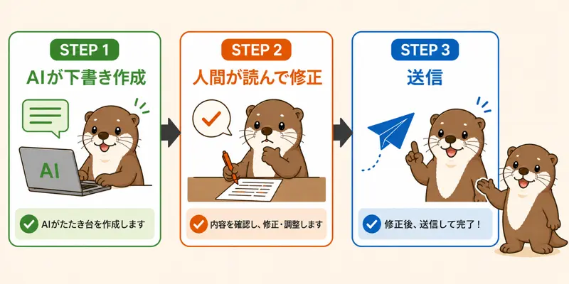 AIがたたき台を作り、人間が確認・修正して最終判断するまでの3ステップフロー図